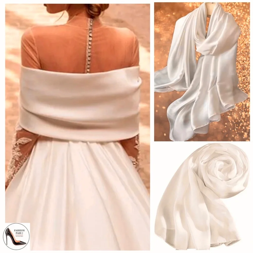 Ivory White 100% SILK SATIN Large Shawl Scarf Wrap Wedding Bridal Cover up